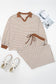 Khaki Stripe Plus Size Collared V Neck Loose Pullover Drawstring Elastic Waist Wide Leg Pant Set