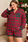 Red Plus Size Plaid Contrast Patchwork Long Sleeve Shirt and Shorts 2pcs Pajama Set