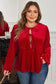Red Clay Plus Size Tie Front Velvet Peplum Blouse