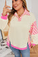 Pink Stripe Contrast Polo Collar Drop Shoulder Patchwork Plus Size Pullover