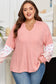 Pink Floral Sleeve Patchwork Waffle Knit Notched V Neck Plus Size Top