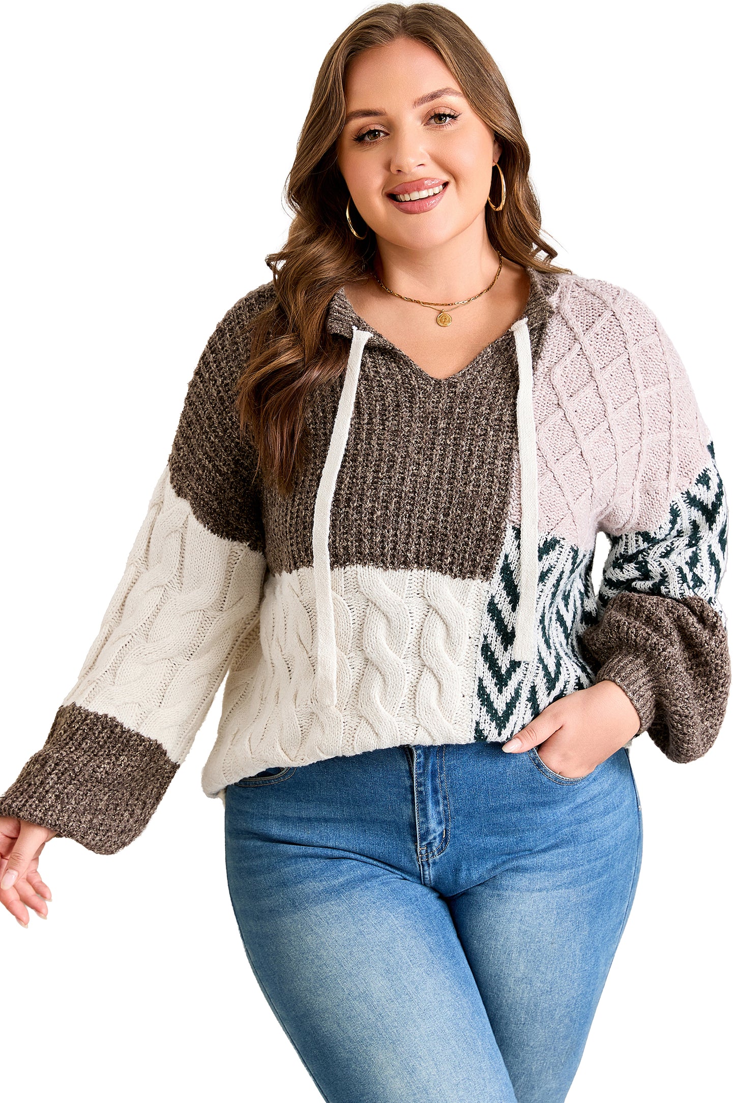 Brown Plus Size Color Block Patchwork Knotted Back Loose Fit Sweater