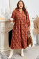 Cinnamon Plus Size Textured 3D Flower Pattern Ruffle Hem 3/4 Sleeve Long Dress