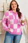 Pink Plus Size Checkered Collared Half Button Sweater