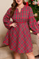 Red Plus Size Plaid Half Button Long Sleeve Holiday Dress