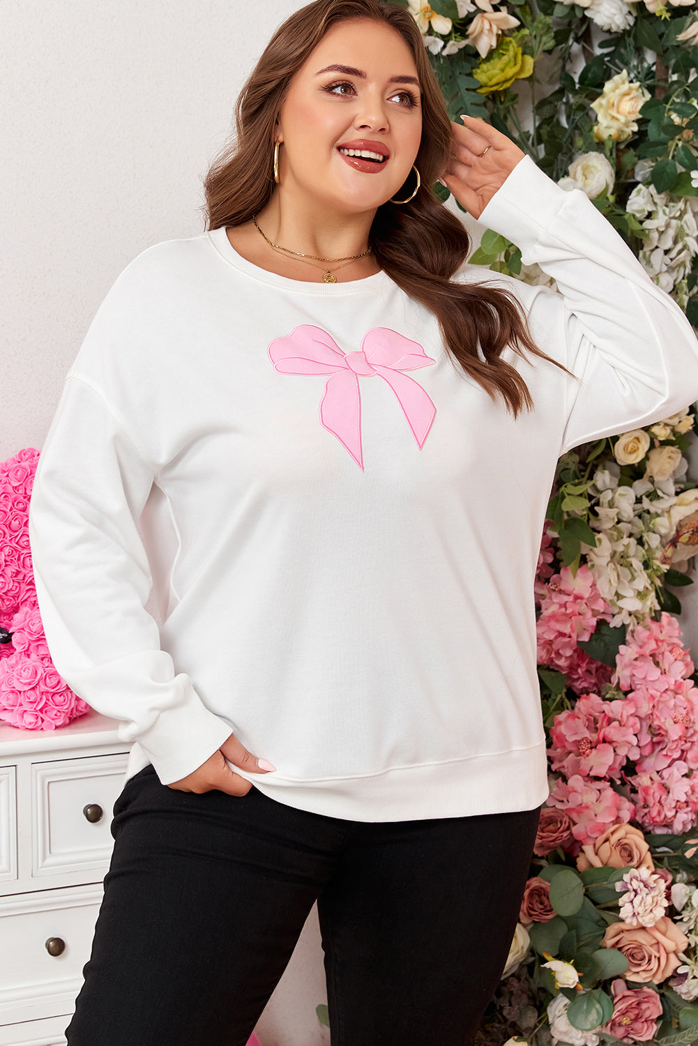 Beige Big Bow Accent Plus Size Drop Shoulder Sweatshirt