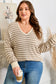 Khaki Stripe Plus Size V Neck Drop Shoulder Sweater