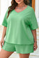 Mint Green Plus Size V Neck Tee Patched Pocket Drawstring Shorts Set