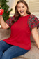Racing Red Plaid Pearl Ruffled Short Sleeve Knitted Christmas Holiday Plus Size T-shirt