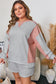 Light Grey Uneven Hem Colorblock Pullover Casual Shorts Plus Size 2pcs Outfit