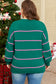 Green Stripe Half Buttons Drop Shoulder Plus Size Sweater