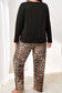 Black Leopard Patched Pocket Long Sleeve Top Plus Size Pants Set