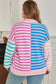 Sky Blue Stripe Colorblock Patchwork Plus Size Half Zip Sweater