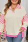 Pink Stripe Contrast Polo Collar Drop Shoulder Patchwork Plus Size Pullover