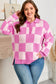 Pink Plus Size Checkered Collared Half Button Sweater