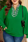 Green Plus Size Contrast Leopard Trim Split Neck Puff Sleeve Blouse