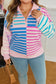 Sky Blue Stripe Colorblock Patchwork Plus Size Half Zip Sweater