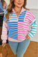 Sky Blue Stripe Colorblock Patchwork Plus Size Half Zip Sweater