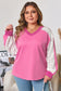 Bonbon Lace Striped Patchwork Long Sleeve Corded V Neck Plus Size Top