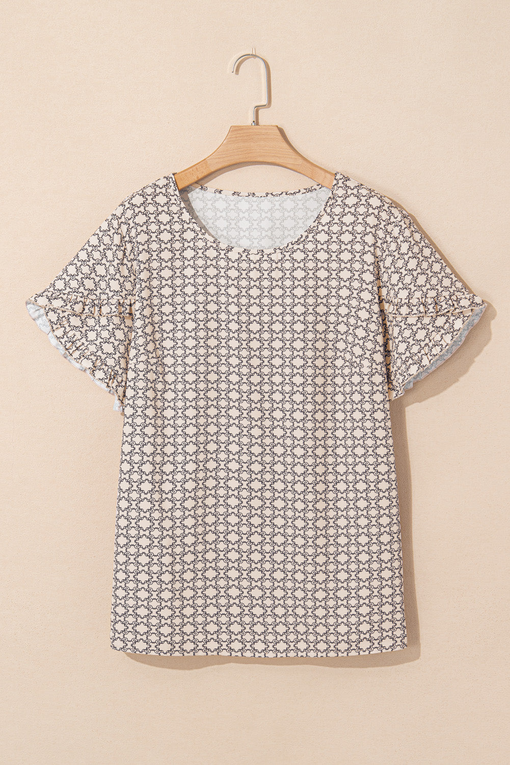 Khaki Plus Size Geometric Print Ruffled Sleeve Blouse