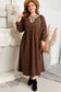 Coffee Embroidered Notched Neckline Textured Pleated High Waist Plus Size Midi Dress