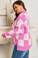 Pink Plus Size Checkered Collared Half Button Sweater
