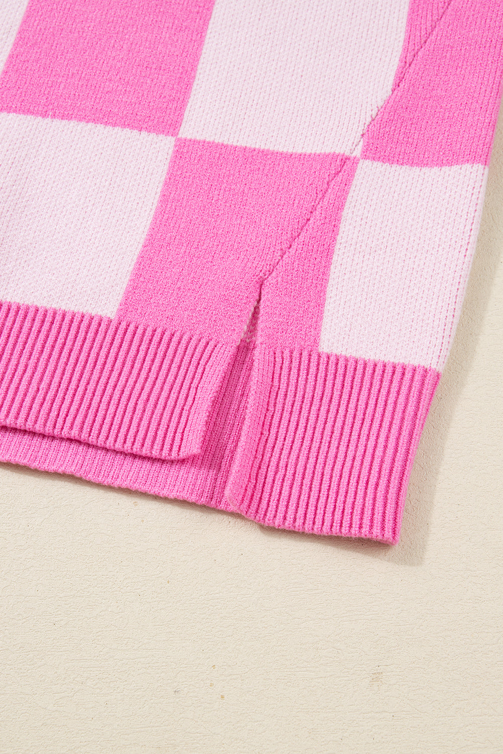 Pink Plus Size Checkered Collared Half Button Sweater