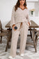 Khaki Stripe Plus Size Collared V Neck Loose Pullover Drawstring Elastic Waist Wide Leg Pant Set