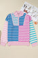 Sky Blue Stripe Colorblock Patchwork Plus Size Half Zip Sweater