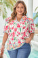 Pink Plus Size Floral Print Striped Trim V Neck Blouse