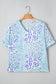 Sky Blue Leopard Print Short Sleeve V Neck Plus Size Top