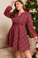 Red Plus Size Plaid Half Button Long Sleeve Holiday Dress