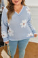 Gray Fuzzy Flower Scalloped V Neck Plus Sweater
