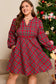 Red Plus Size Plaid Half Button Long Sleeve Holiday Dress