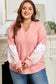 Pink Floral Sleeve Patchwork Waffle Knit Notched V Neck Plus Size Top