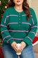Green Stripe Half Buttons Drop Shoulder Plus Size Sweater