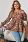 Khaki Floral Textured Tied Neck Long Sleeve Plus Size Babydoll Blouse