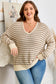 Khaki Stripe Plus Size V Neck Drop Shoulder Sweater