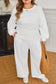 White Textured Raw Seam Plus Size Pullover Top and Drawstring Pants Set