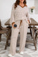 Khaki Stripe Plus Size Collared V Neck Loose Pullover Drawstring Elastic Waist Wide Leg Pant Set